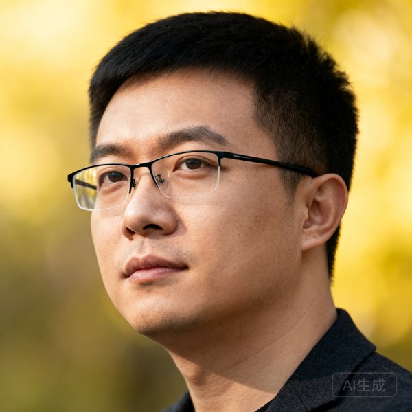 球吧网技术总监张浩然的侧面肖像照，佩戴眼镜专注看向前方，展现技术专家气质